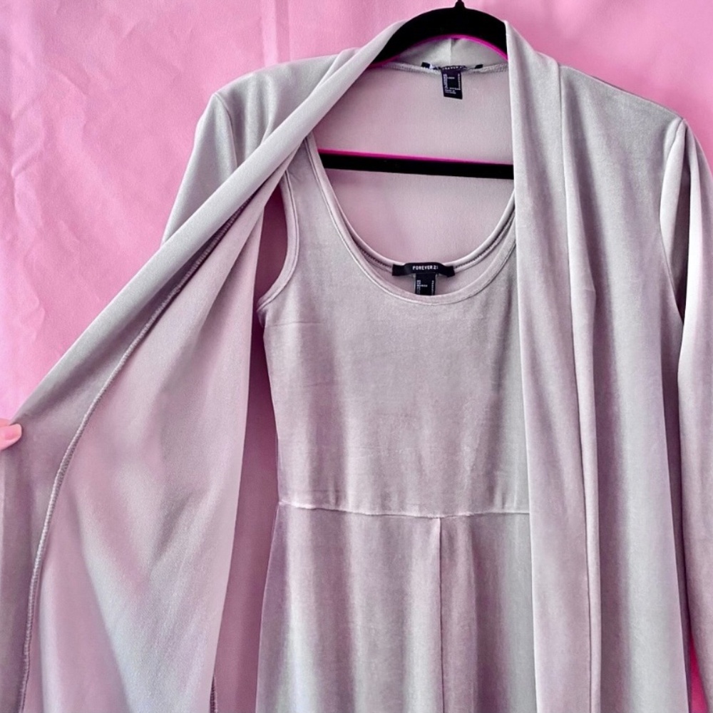 Grey Velour Matching Set Longsleeve Cardigan Pant Bodysuit Silver Small Forever2 - Picture 2 of 12
